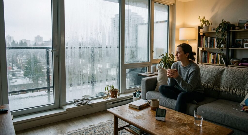 Stue med synlige tegn på dårligt indeklima som kondens på vinduer og fugt på væggene