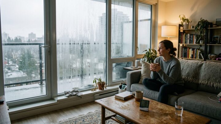 Stue med synlige tegn på dårligt indeklima som kondens på vinduer og fugt på væggene