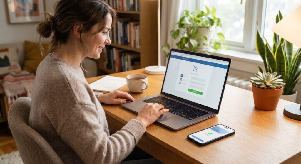 Person bruger buy now pay later ved online betaling på laptop og telefon