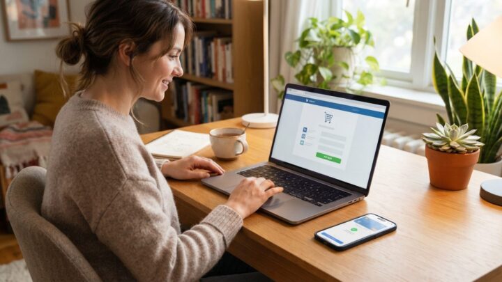 Person bruger buy now pay later ved online betaling på laptop og telefon