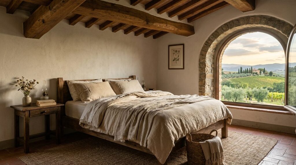 Close-up lifestyle photograph of a minimalist farmhouse bedr