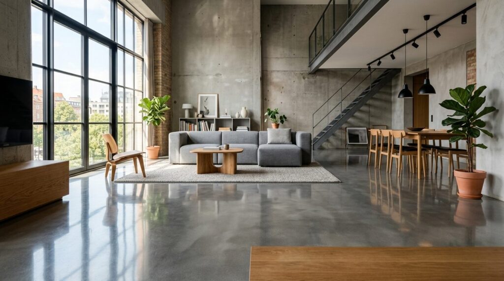 Polished concrete floor in modern residential loft apartment
