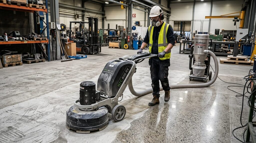 Skilled floor technician operating professional concrete pol