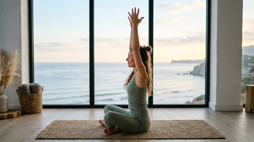 Close-up of woman in yoga pose on mat near large windows wit