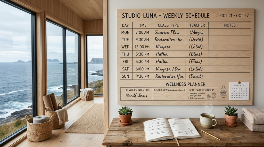 Overhead view of organized yoga studio schedule board with c