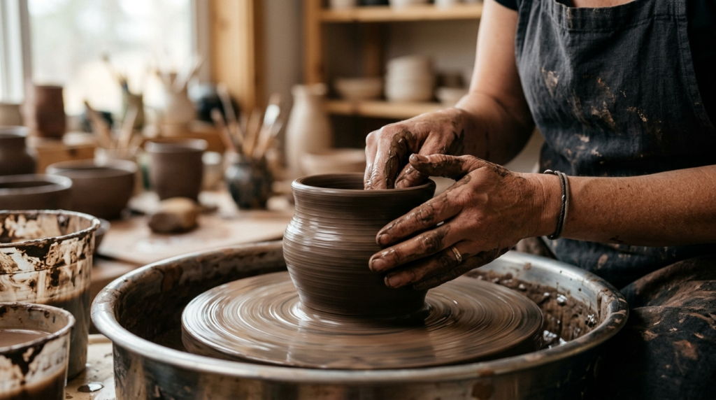 Close-up detail shot of skilled hands shaping wet clay on a 