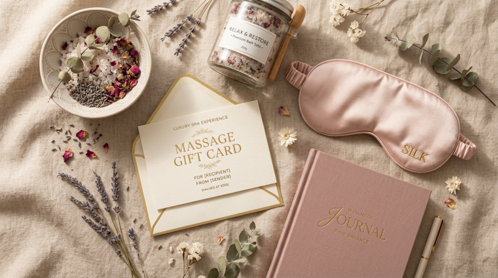 Elegant flatlay composition of luxury massage gift card with