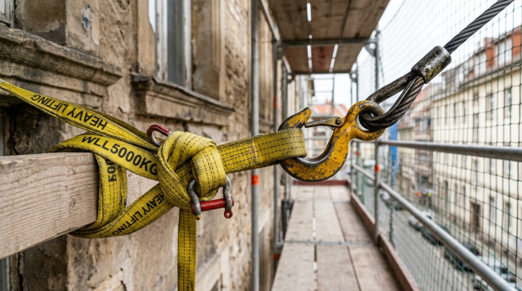 Close-up detail shot of professional crane rigging equipment