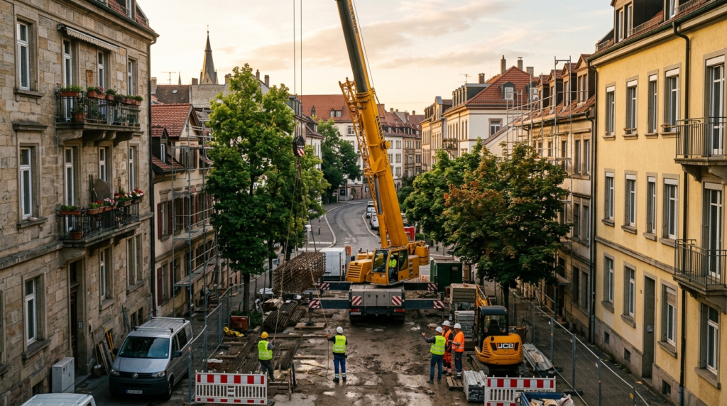 Wide establishing shot of a compact urban construction site 