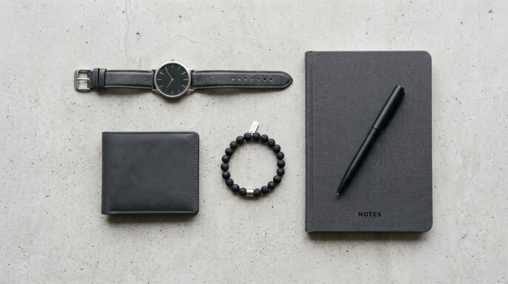 Flat lay composition of minimalist mens accessories includi