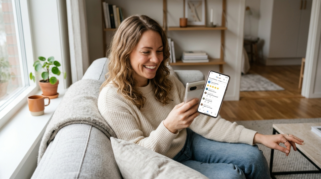 Interior lifestyle shot of a homeowner reviewing positive fe
