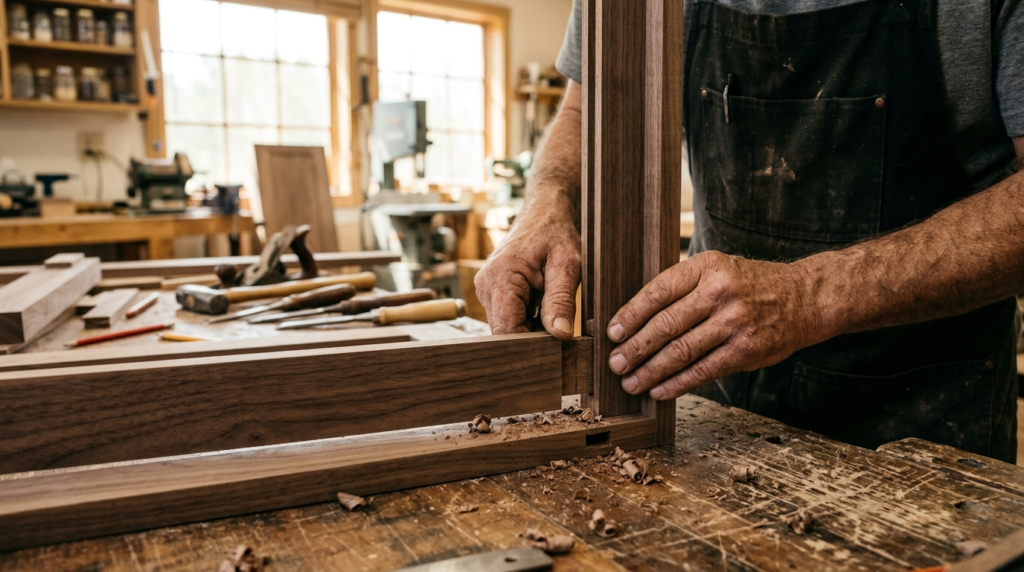 Close-up detail shot of an artisan carpenters hands careful