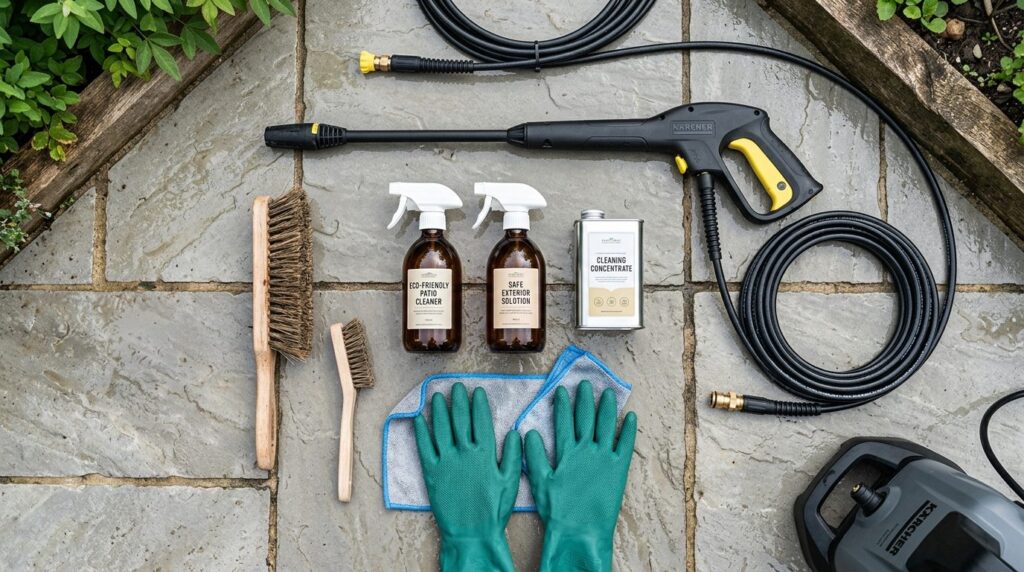 Overhead flat lay of professional cleaning supplies and equi