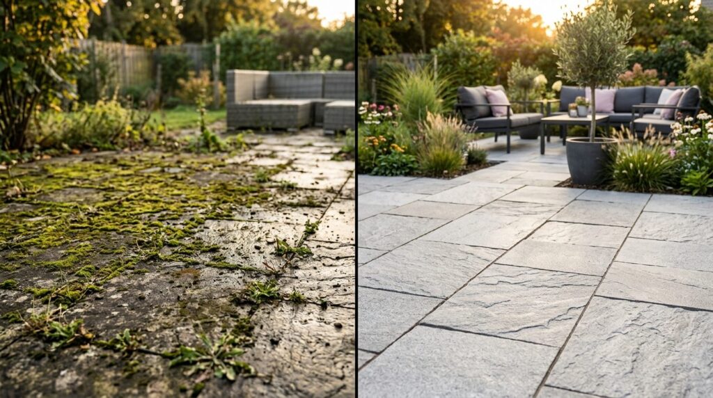 Before and after split composition showing left side with mo