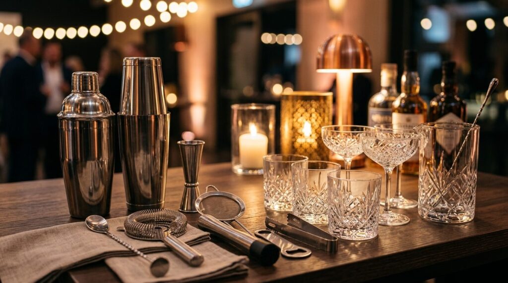 Close-up of premium bar equipment rental display including s