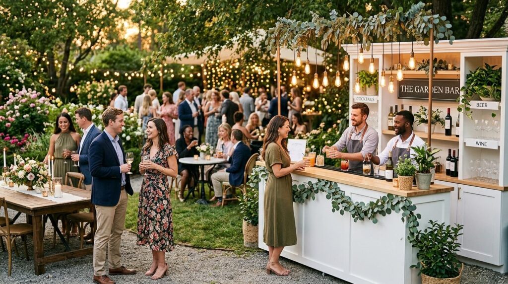Outdoor garden party or garden wedding with rented portable