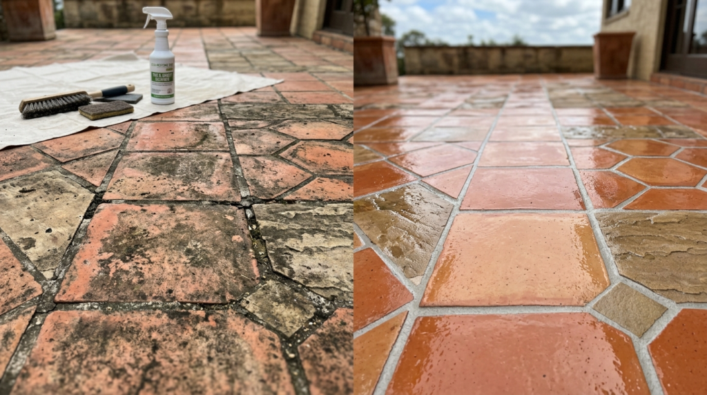 Close-up detail shot of expert tile restoration work showing