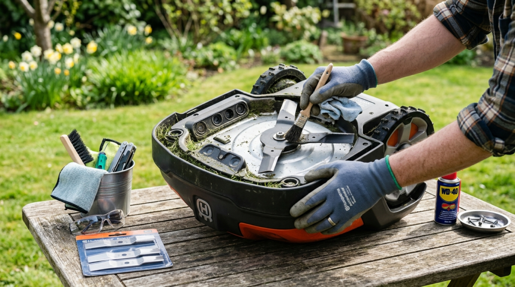 Close-up product lifestyle photography of a robotic lawn mow