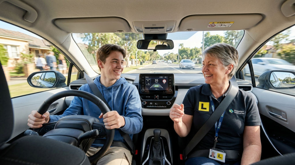Wide angle photorealistic shot of a driving instructor and y