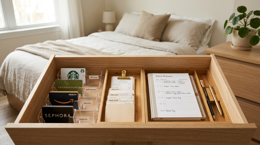 Organized drawer interior with neatly arranged gift cards, r