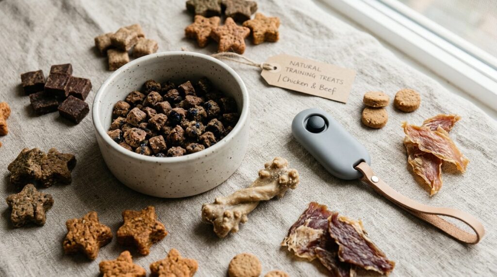 Close-up overhead flat lay photography of premium dog traini