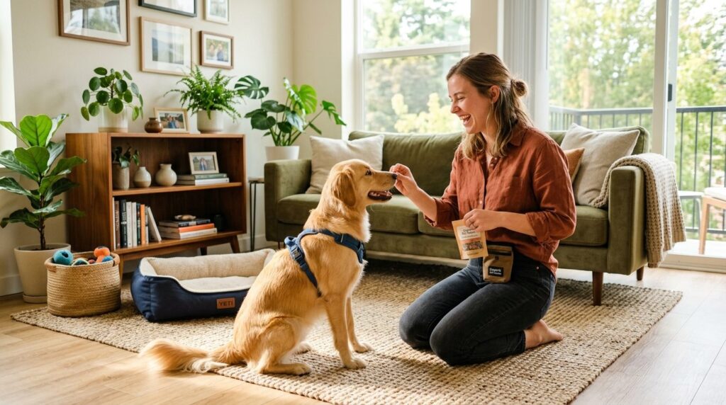 Candid lifestyle photograph of a young adult dog owner in a 