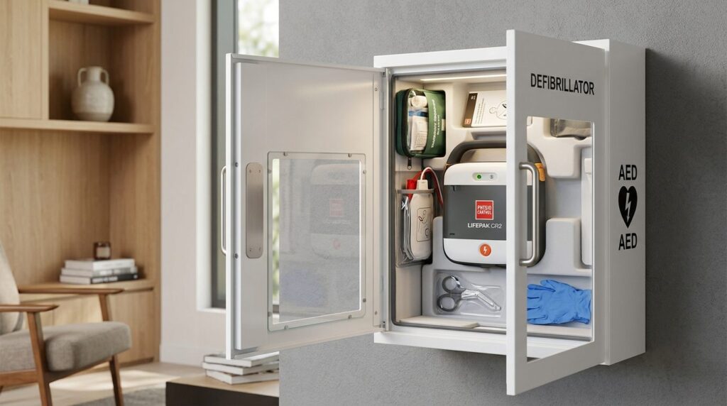 Close-up detail shot of a premium home defibrillator storage