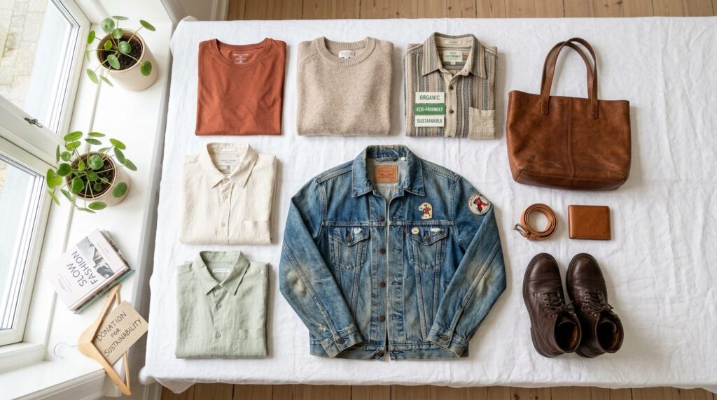 Close-up flat lay photography of sustainable fashion donatio