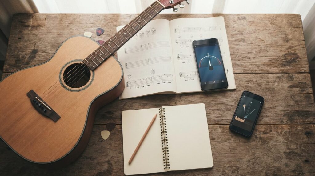 Close-up overhead flat lay composition showing guitar learni