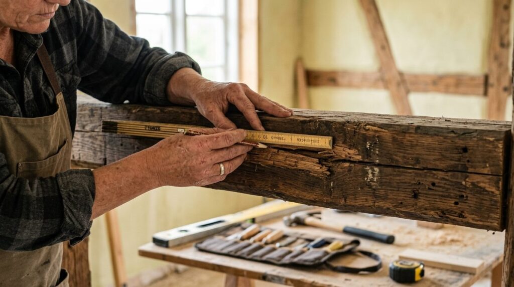 Close-up of skilled carpenters hands measuring and assessin