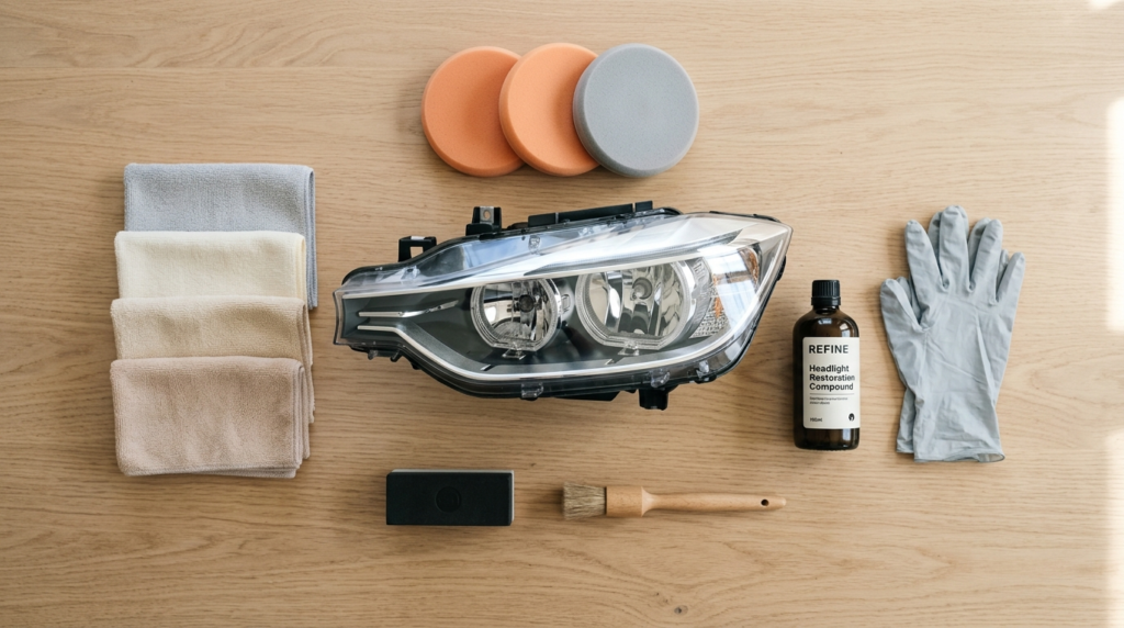 Minimalist flat-lay composition featuring car care essential