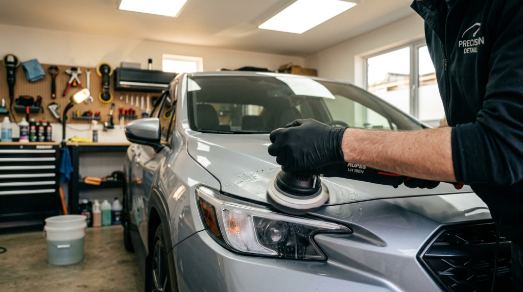 Professional automotive detailing scene: a persons hands de
