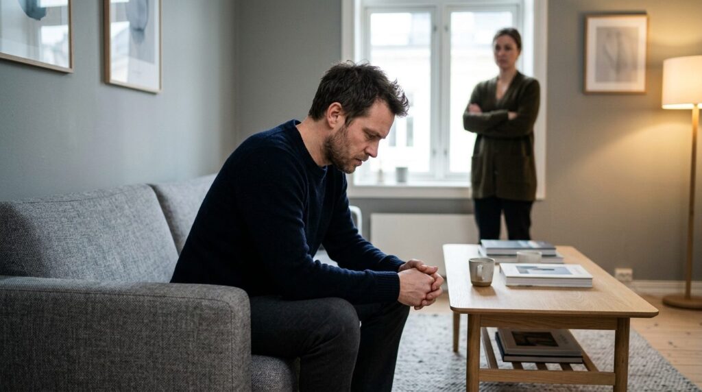 Photorealistic stock photo, 16:9 format: A tense domestic sc