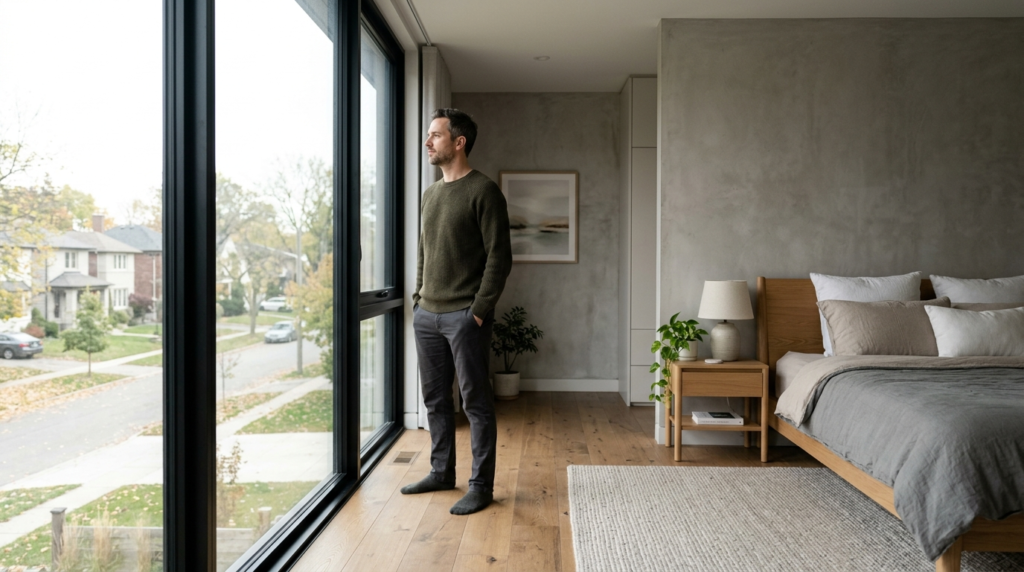 Photorealistic image of a man standing by a large window in 