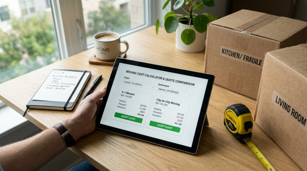 Close-up of a professional moving cost calculator or quote c