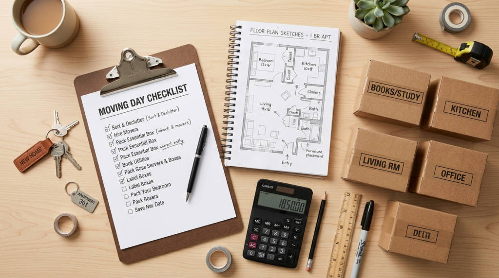 Overhead flat lay of moving house planning documents: clipbo