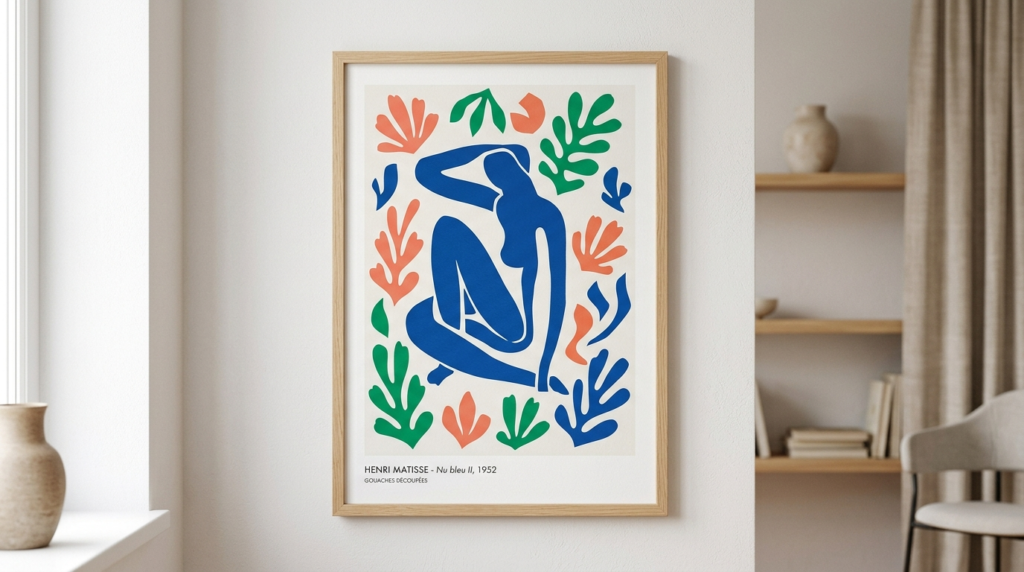 Close-up detail of a framed Henri Matisse paper cutout art p