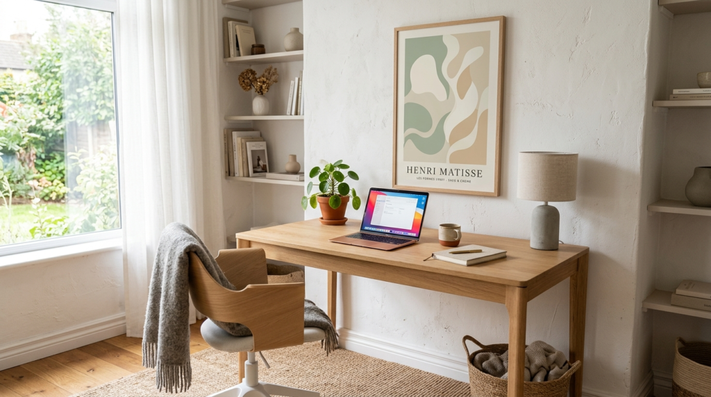 Bright, airy home office corner with Scandinavian design fea