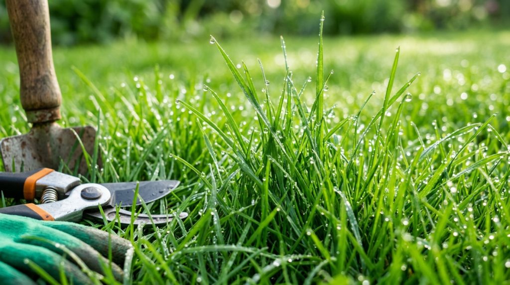 Close-up detail shot of healthy vibrant grass blades with wa