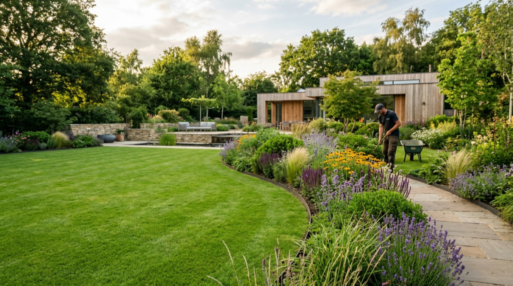 Wide landscape shot of a beautifully manicured residential g
