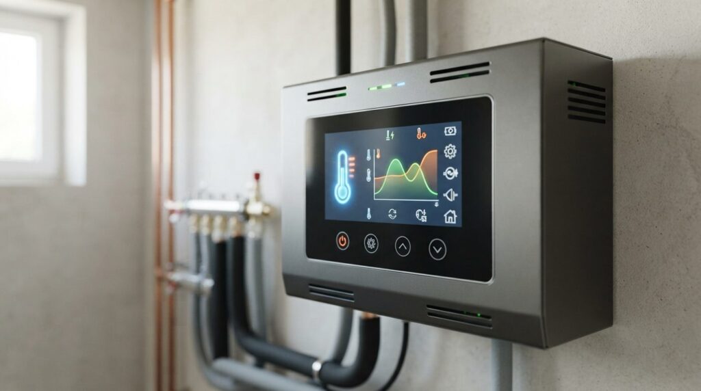 Close-up detail shot of a ground source heat pump control pa