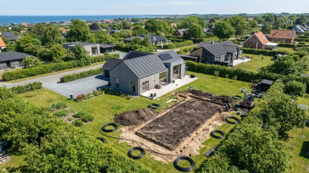Aerial view of a Danish residential house with garden showin