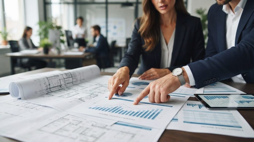 Close-up of professional hands pointing at property valuatio