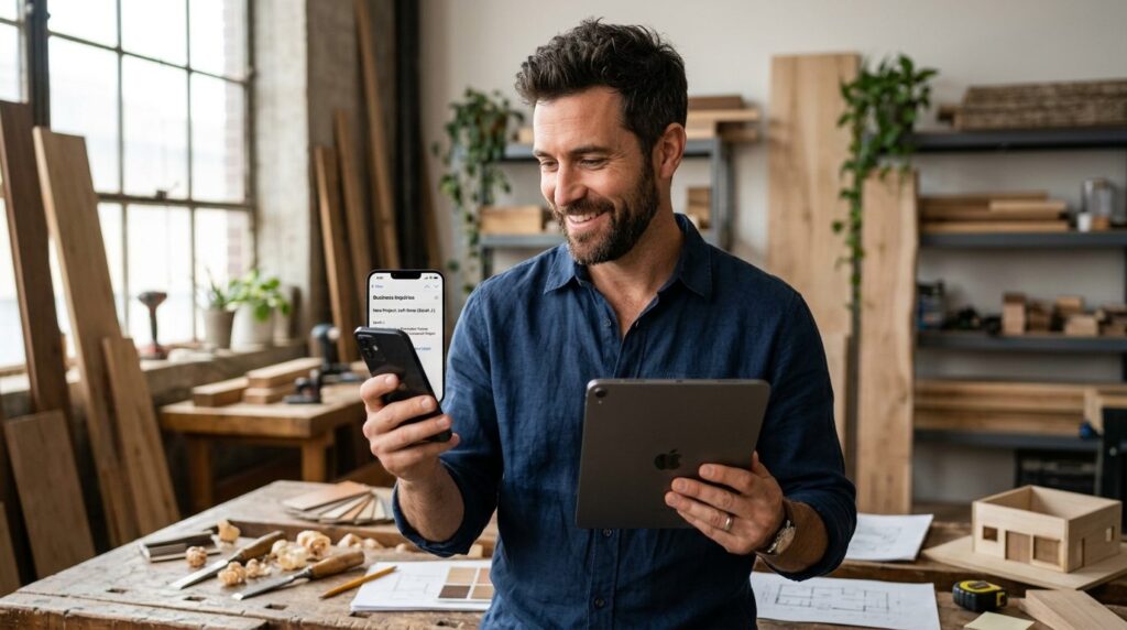 Close-up of male craftsman or interior designer holding smar