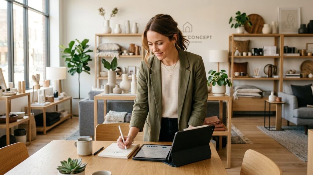 Female small business owner in modern home interior showroom