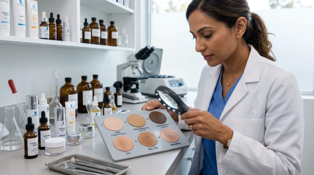 Close-up of dermatologist analyzing different skin types on
