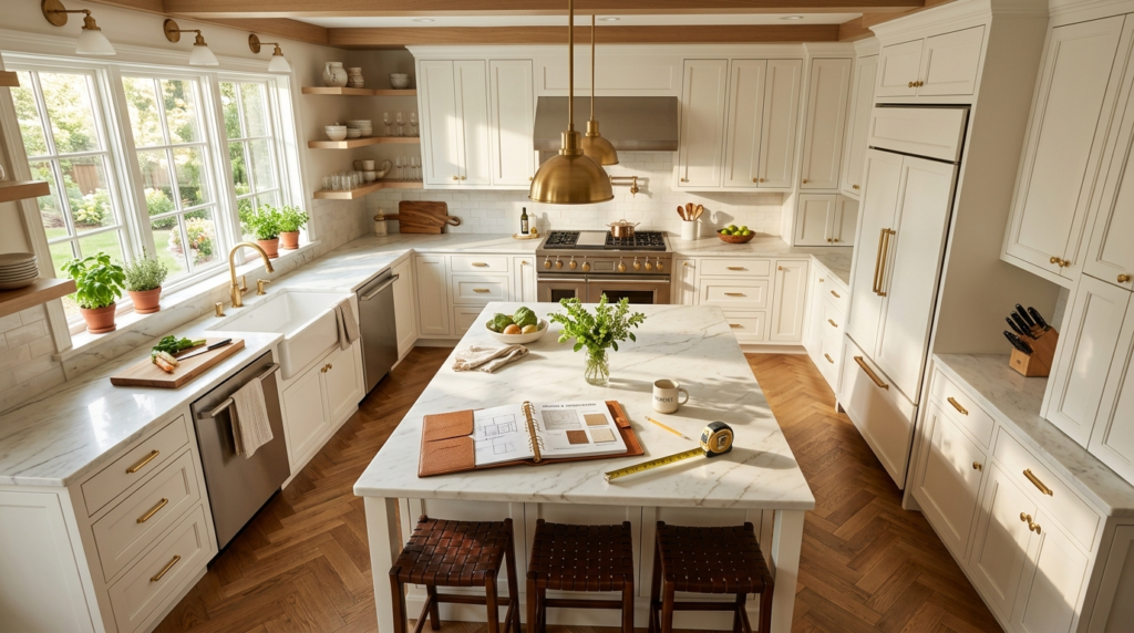 Aerial view of a beautifully renovated residential kitchen w