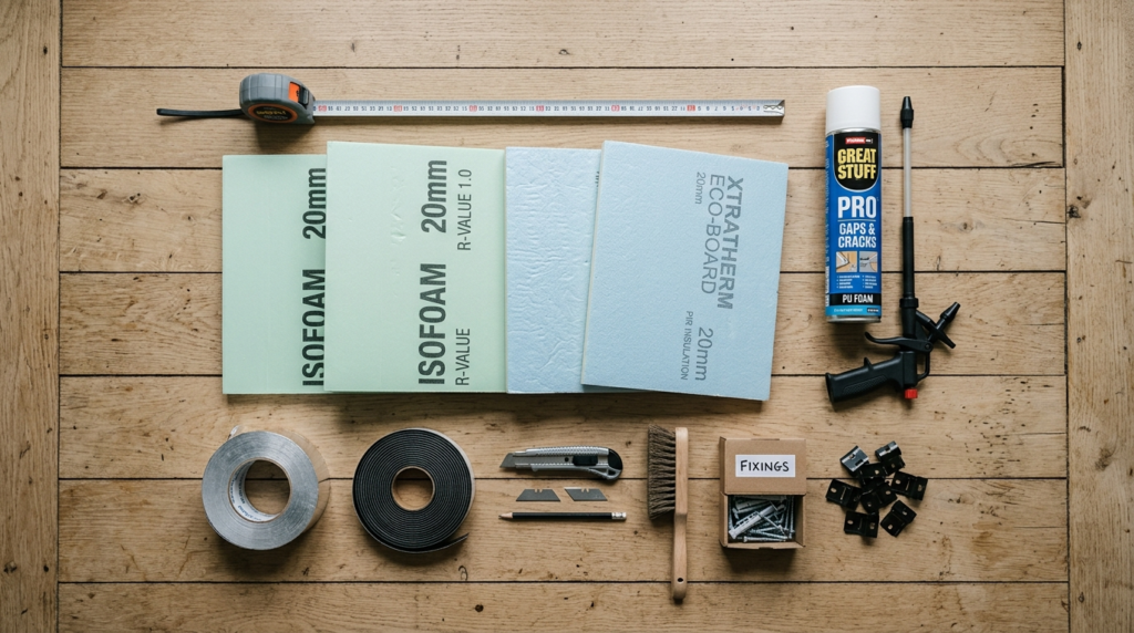 Overhead flatlay photograph of modern insulation materials a