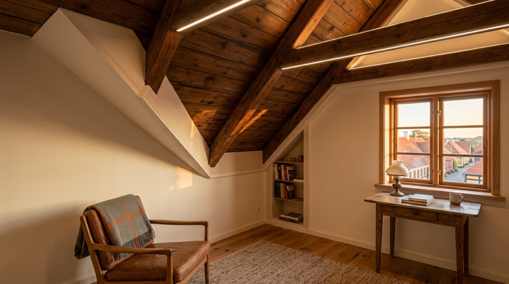 Professional interior photograph of a renovated Danish herit