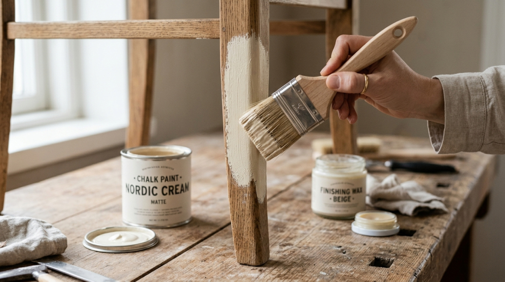 Close-up detailed shot of hand applying chalk paint to a thr